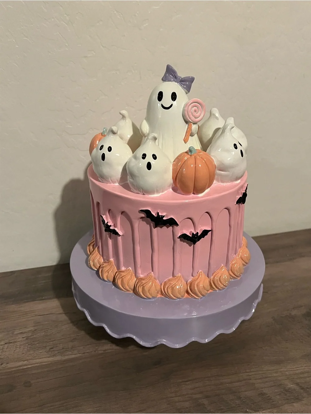 Halloween Ghost Bat & Pumpkin Cake Resin Table Decor Orange Pink & Purple